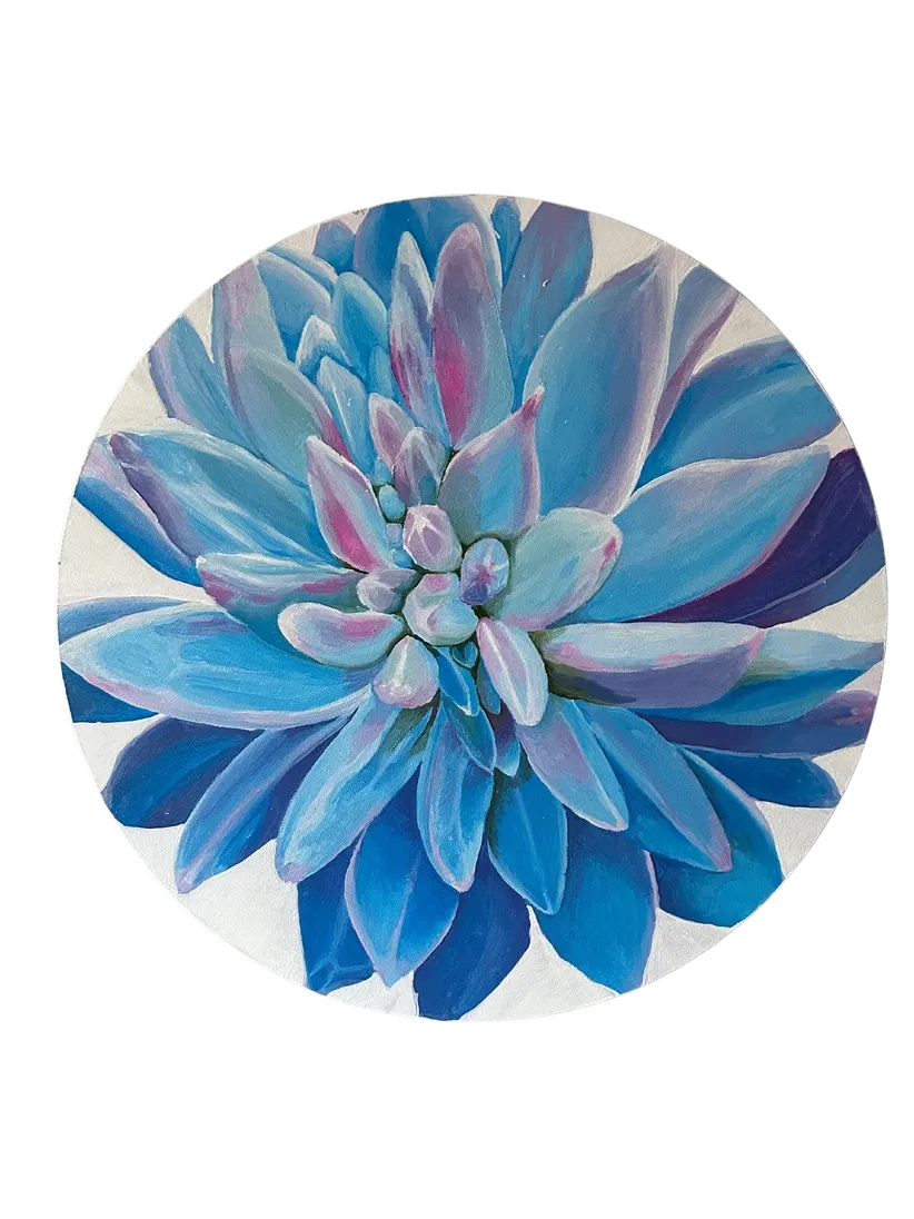 Blue Succulent — Acrylic on round canvas by Ashlyn Berry Collins