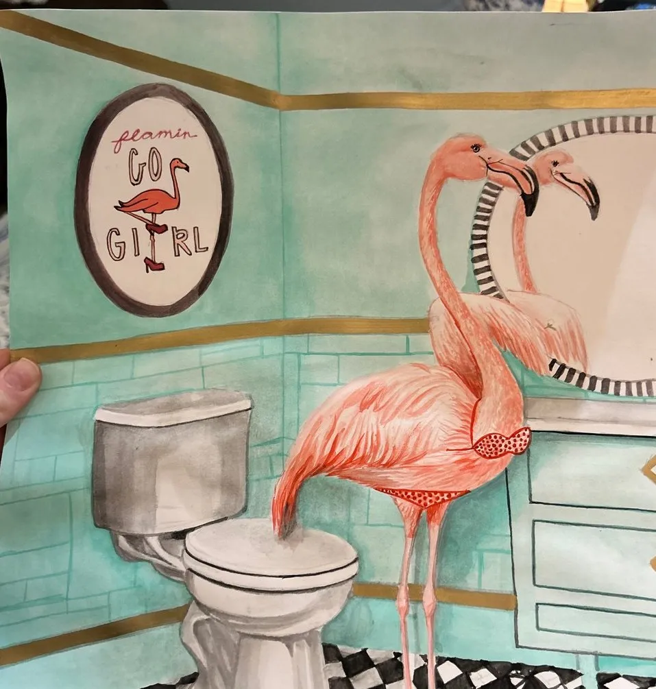 Flamingos, Powder Room — Watercolor on paper by Ashlyn Berry Collins