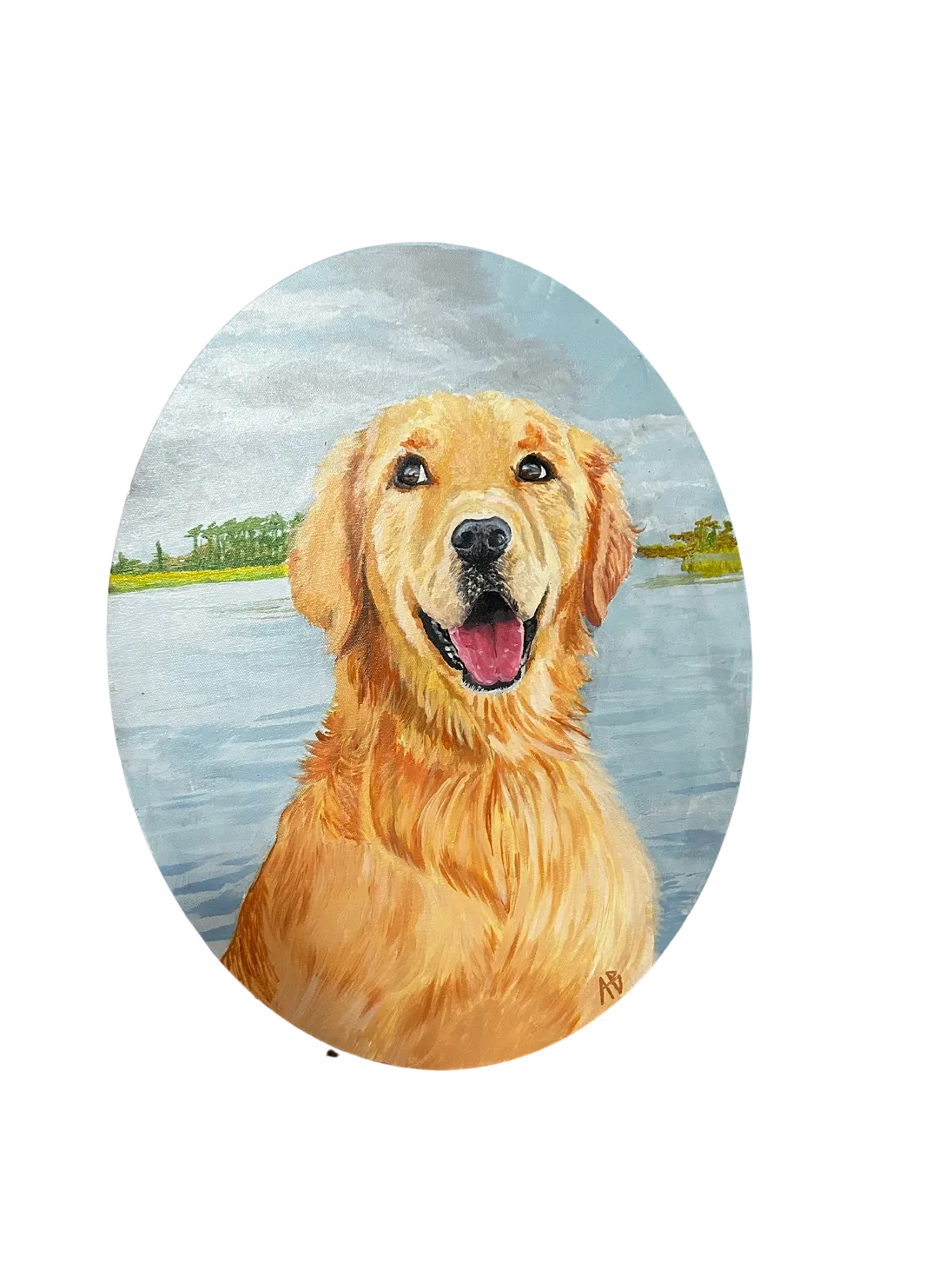 Golden by the Lake — Acrylic on oval canvas by Ashlyn Berry Collins