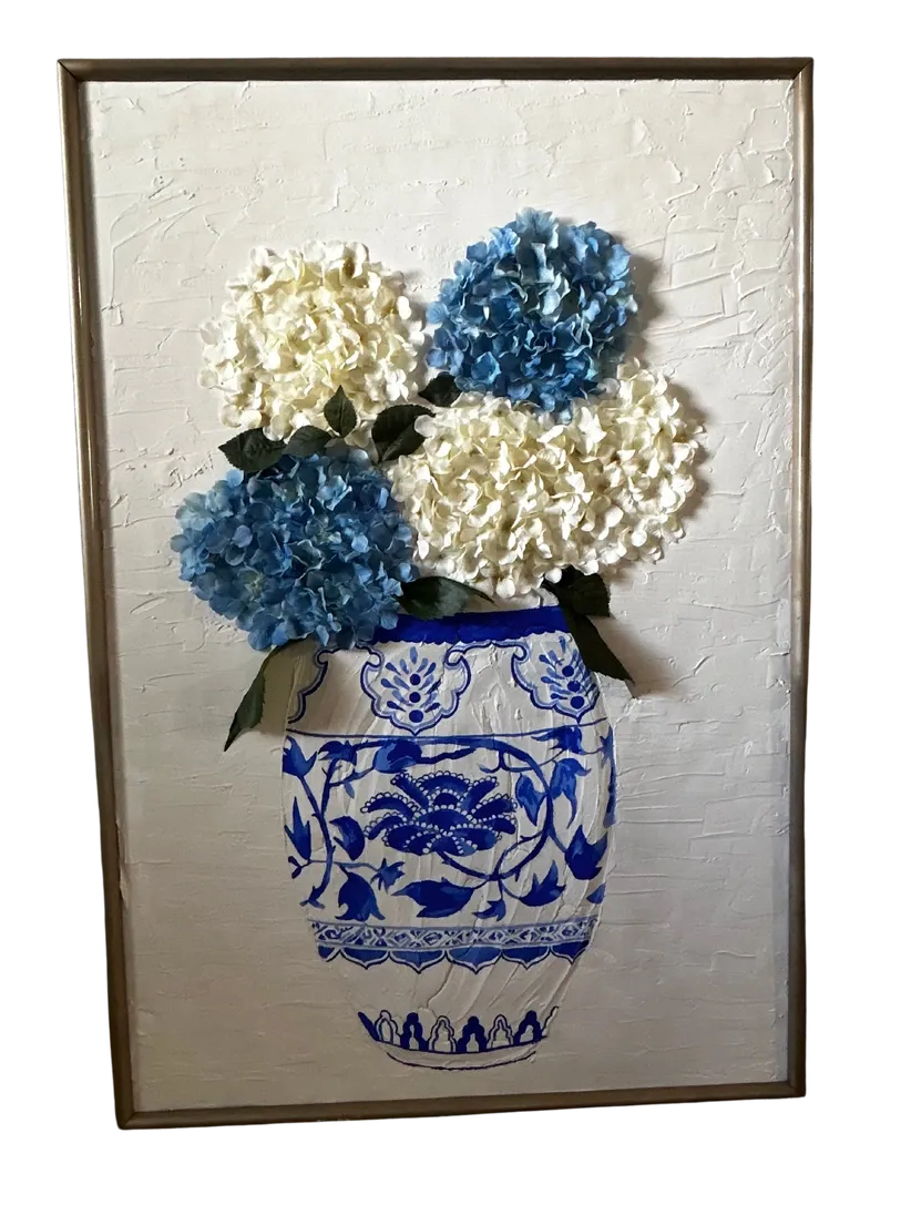 Hydrangeas in Chinoiserie — Plaster relief and acrylic, framed by Ashlyn Berry Collins