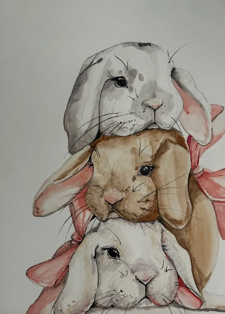 Three Rabbits — Mixed media on paper by Ashlyn Berry Collins